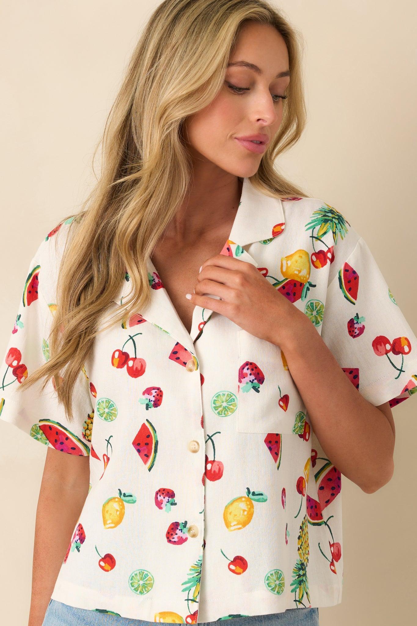 Just Like Before Ivory Multi Fruit Print Button Front Top Product Image