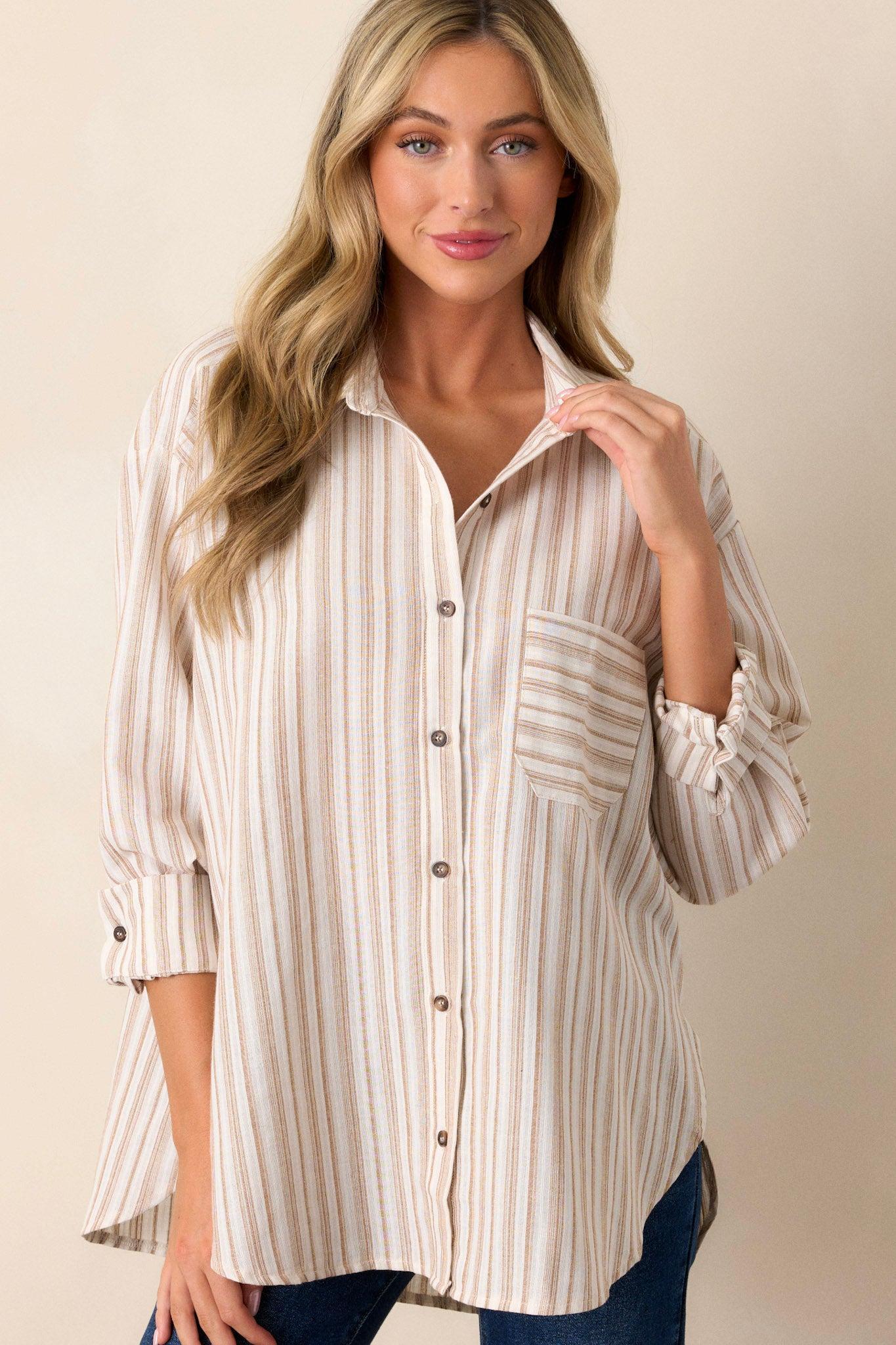 Boho Harmony Ivory Button Front Stripe Top Product Image