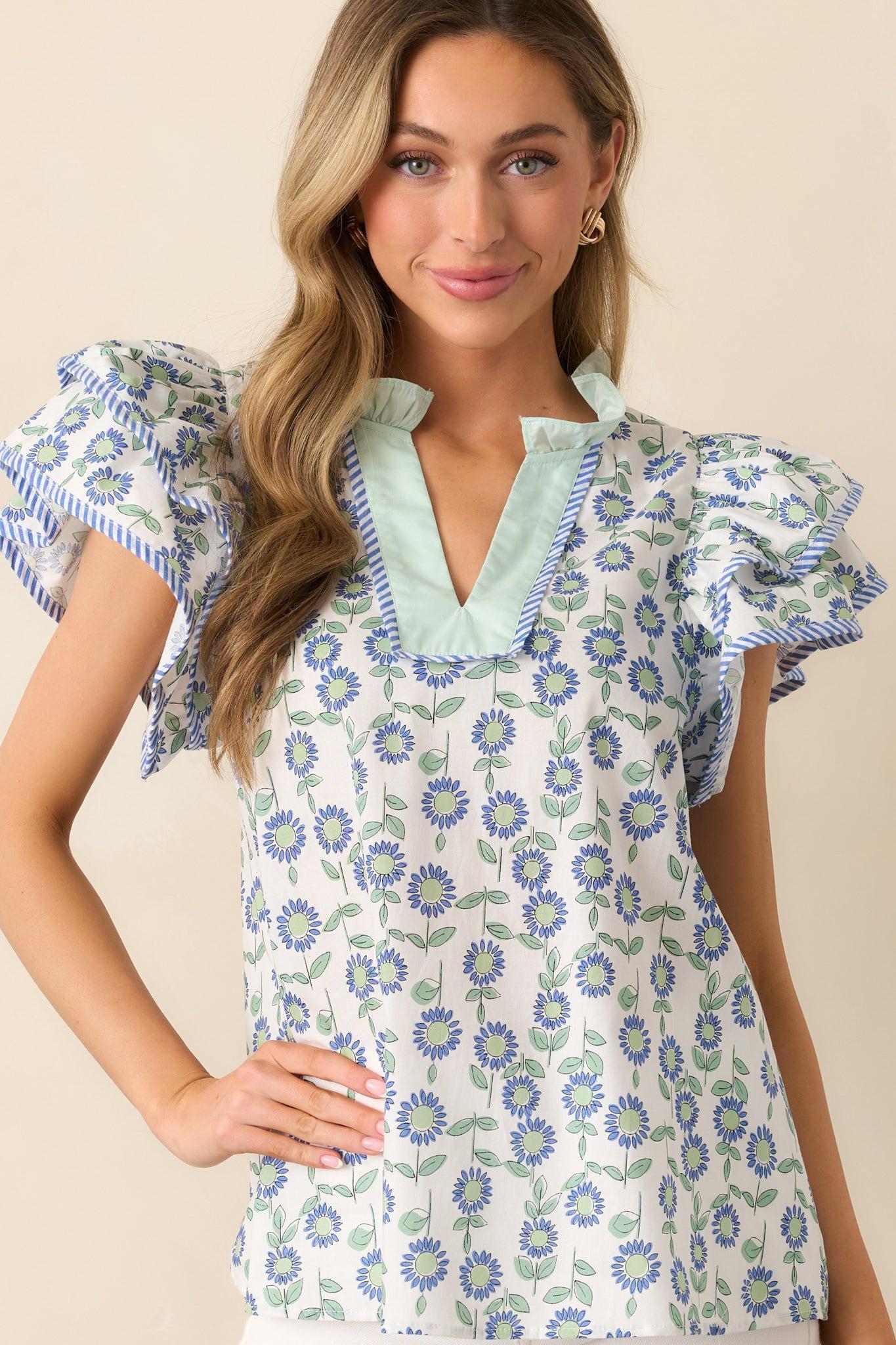 The More The Merrier Green Floral Cotton Flutter Sleeve Top Product Image