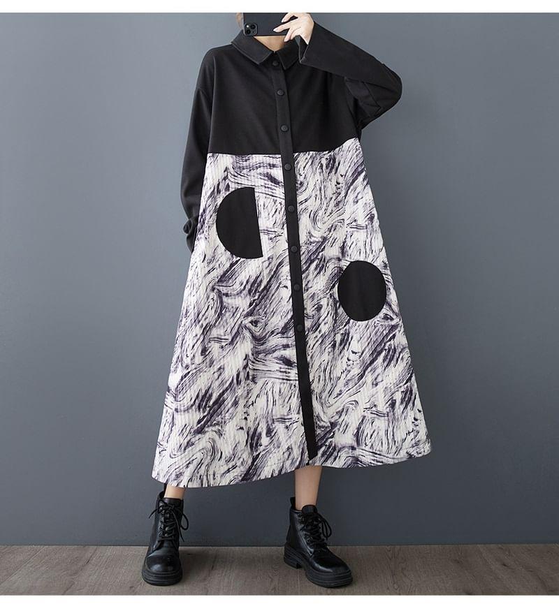 Collared Patterned Print Panel Midi Button Jacket Product Image