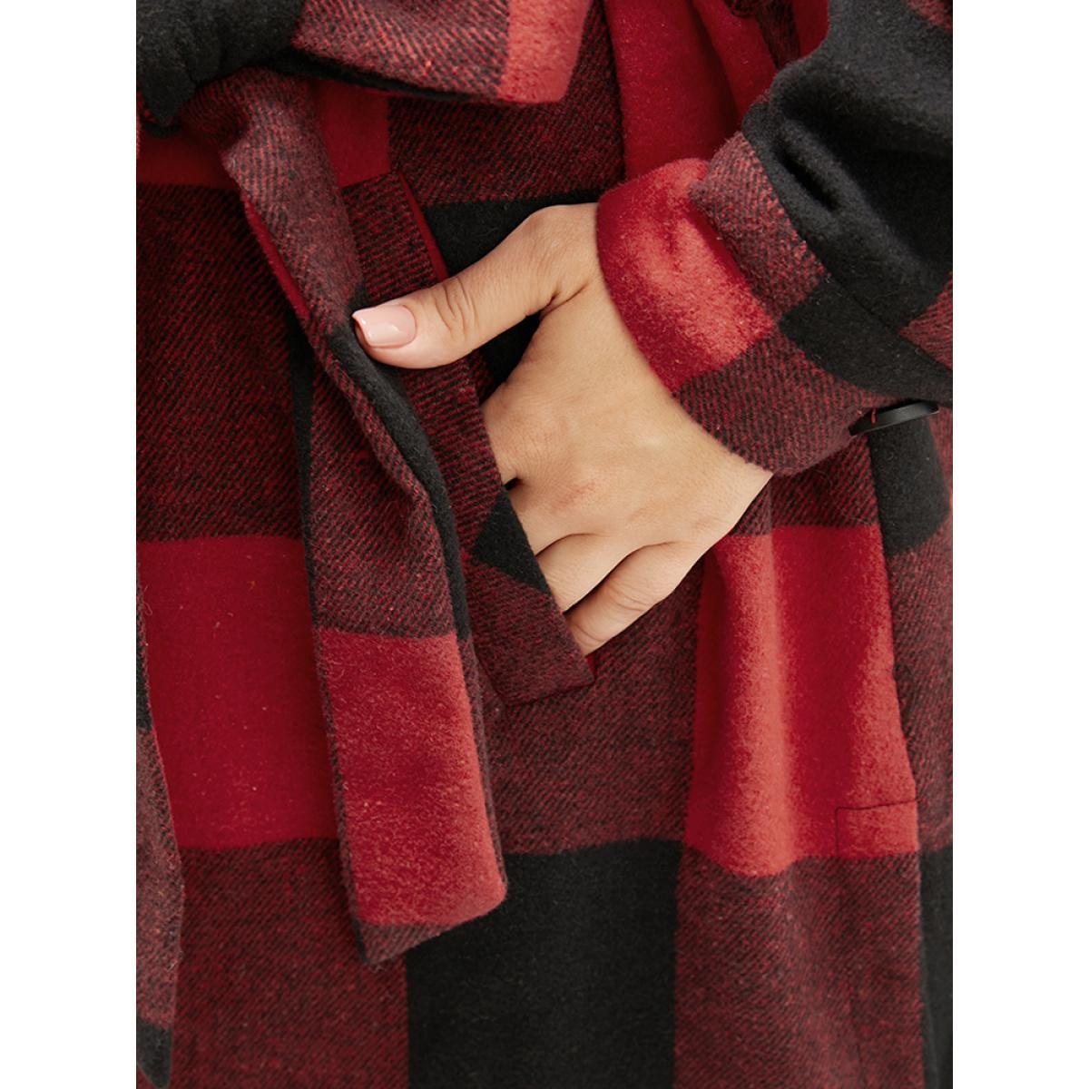Plus Size Plaid Pocket Button Up Belted Coat Women Red Elegant Cross straps Ladies Dailywear Winter Coats BloomChic 26/4X Product Image