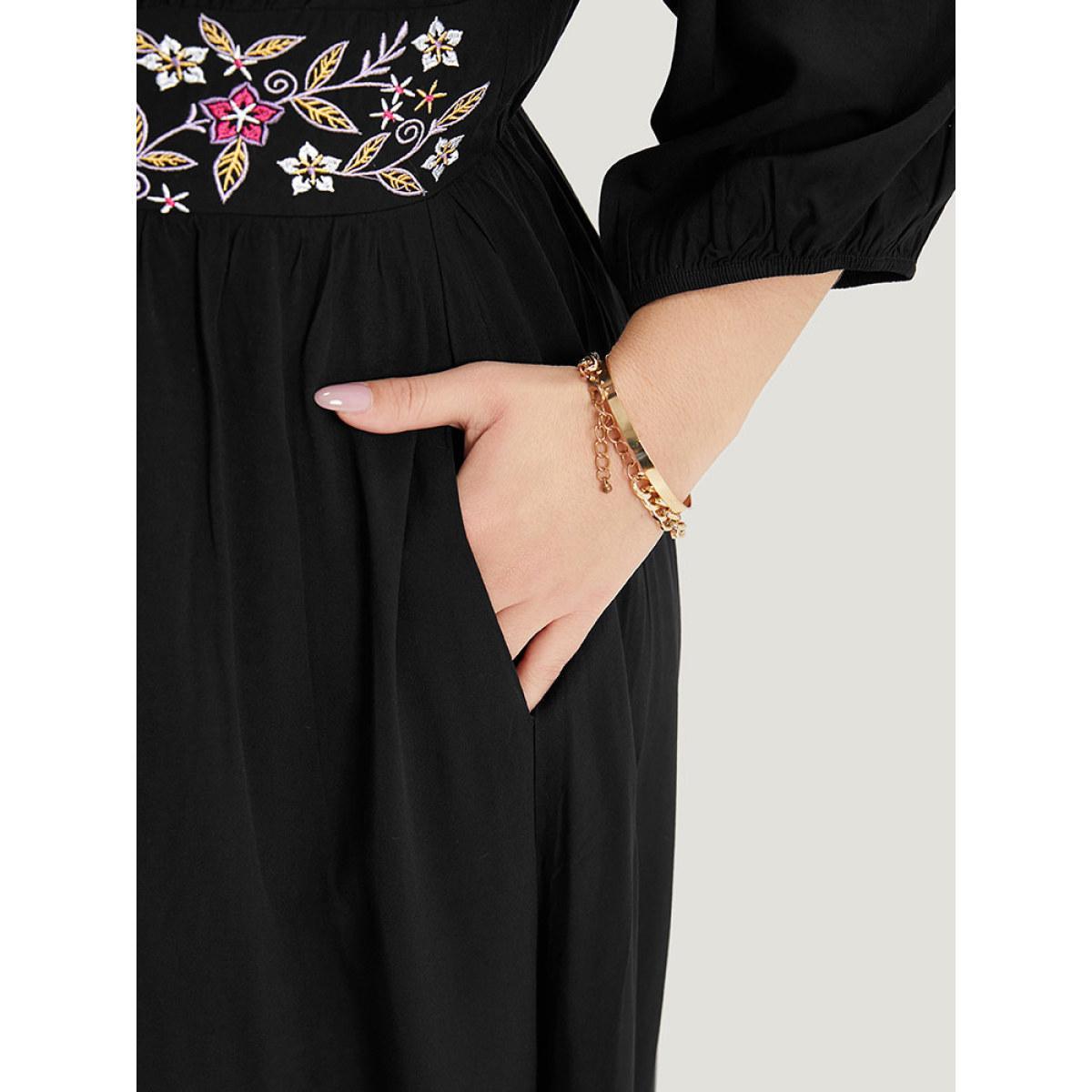Plus Size Floral Embroidered Patchwork Pocket Elastic Cuffs Dress Black Women Vacation Elastic cuffs V-neck Elbow-length sleeve Curvy Midi Dress BloomChic 22-24/3X Product Image