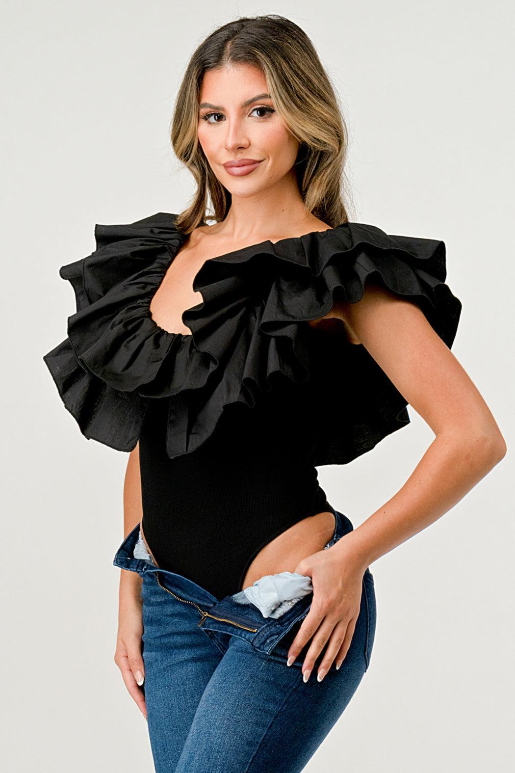 Black Popline Ruffle Bodysuit Product Image