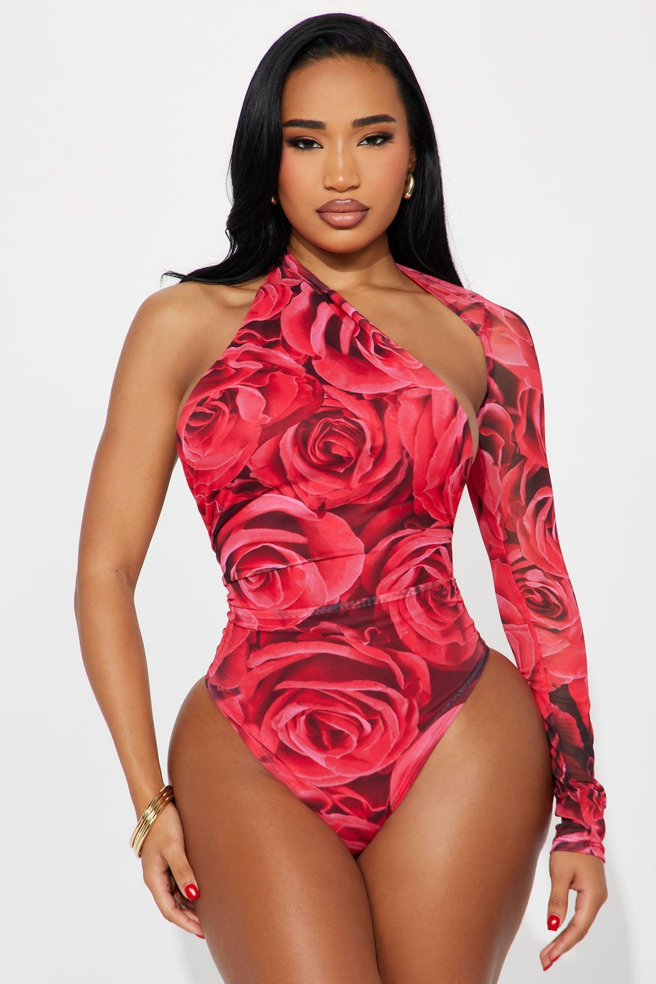 Rose Ceremony Long Sleeve Mesh Bodysuit - Red/combo Product Image
