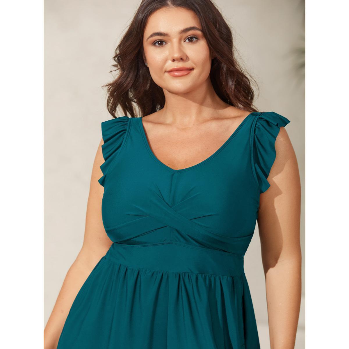 Plus Size Twist Front Ruffled One-Piece Swimsuit Women's Swimwear Aegean Resort Twist Curve Bathing Suits High stretch One Pieces BloomChic 14-16/1X Product Image