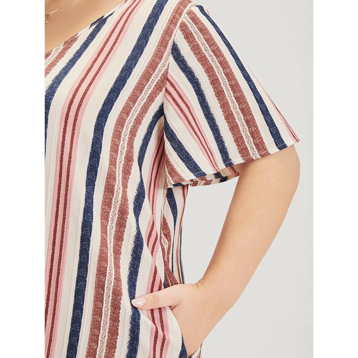 Plus Size Striped Button Detail Pocket Ruffle Hem Dress Multicolor Women Vacation Gathered V-neck Short sleeve Curvy Knee Dress BloomChic 10/M Product Image