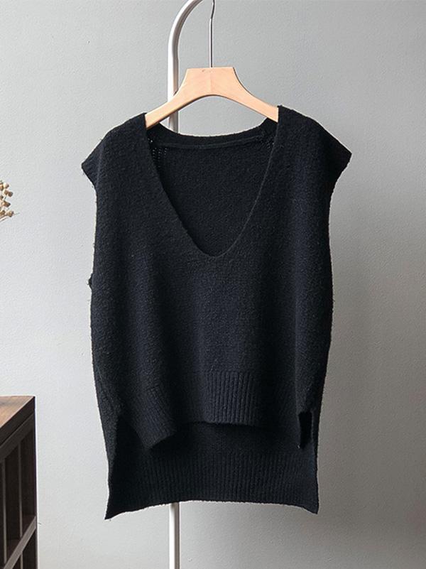 Knitting Irregularity Solid V-Neck Vest Product Image