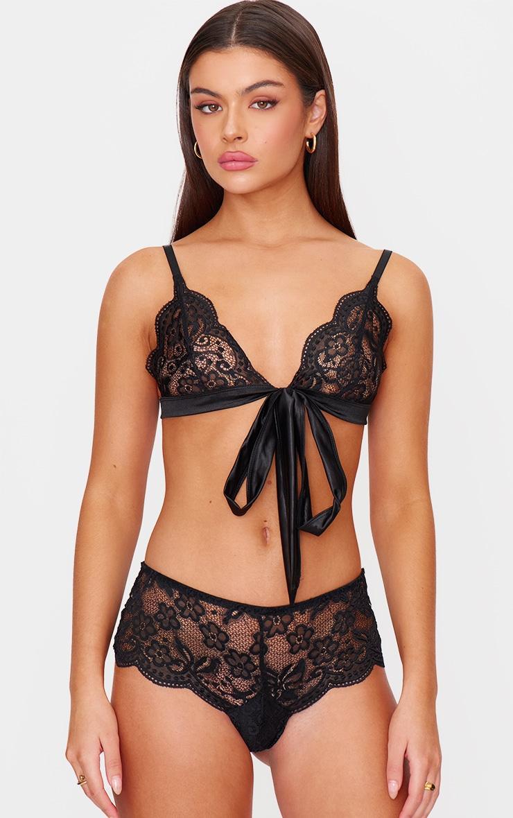 Black Lace Ribbon Tie Lingerie Set Product Image