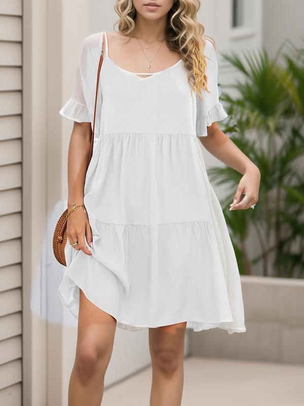 A-Line Flared Sleeves Pleated Pockets Ruffled Solid Color Split-Joint Round-Neck Mini Dresses Product Image