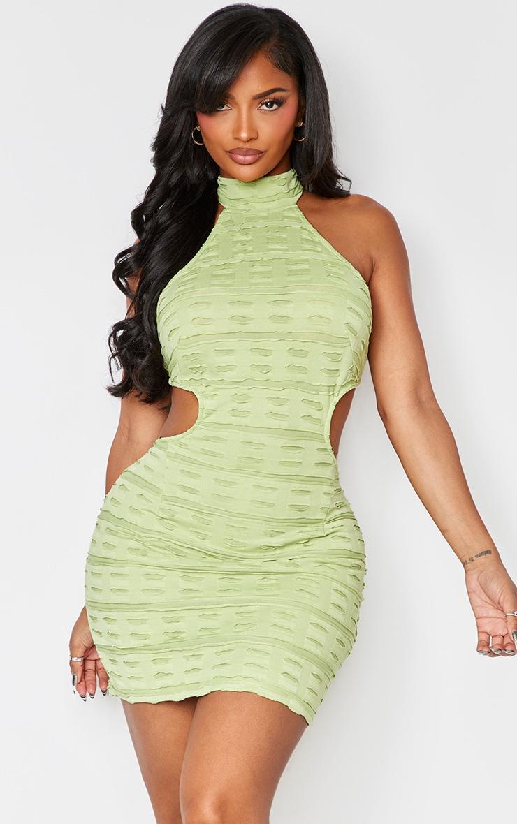 Shape Sage Green Textured High Neck Backless Bodycon Dress Product Image