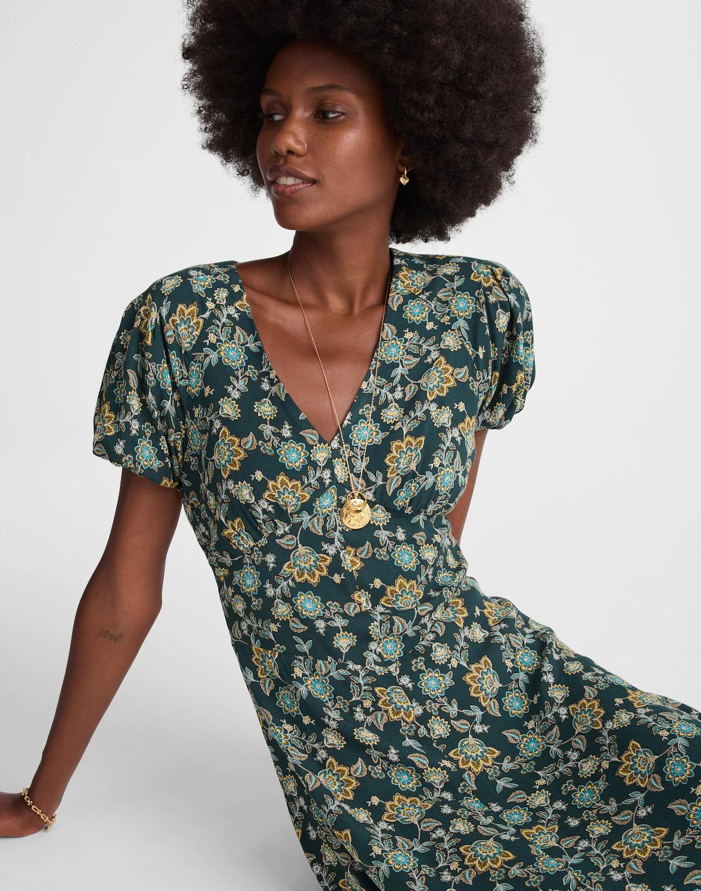 Seamed Puff-Sleeve Midi Dress in Floral Product Image