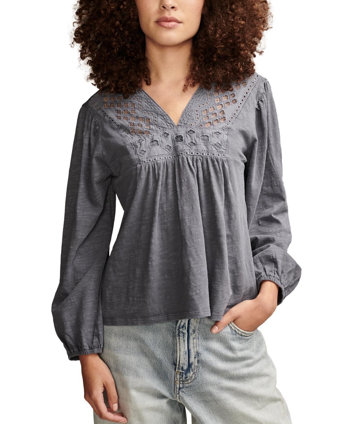 Lucky Brand Womens Embroidered Cutout Cotton Top Product Image