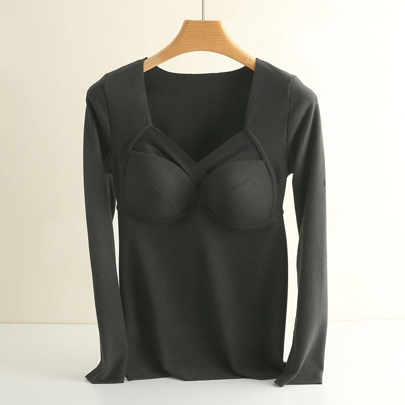 Long-Sleeve V-Neck Plain Padded Top Product Image