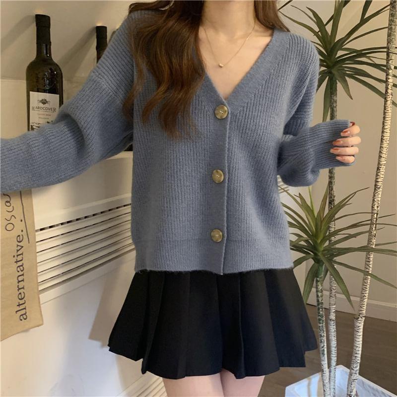 V-Neck Plain Button Cardigan Product Image