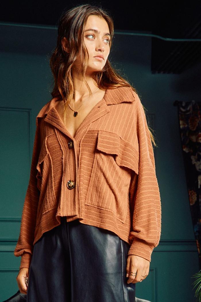 Soft Solid Rib Knit Cropped Shacket Product Image