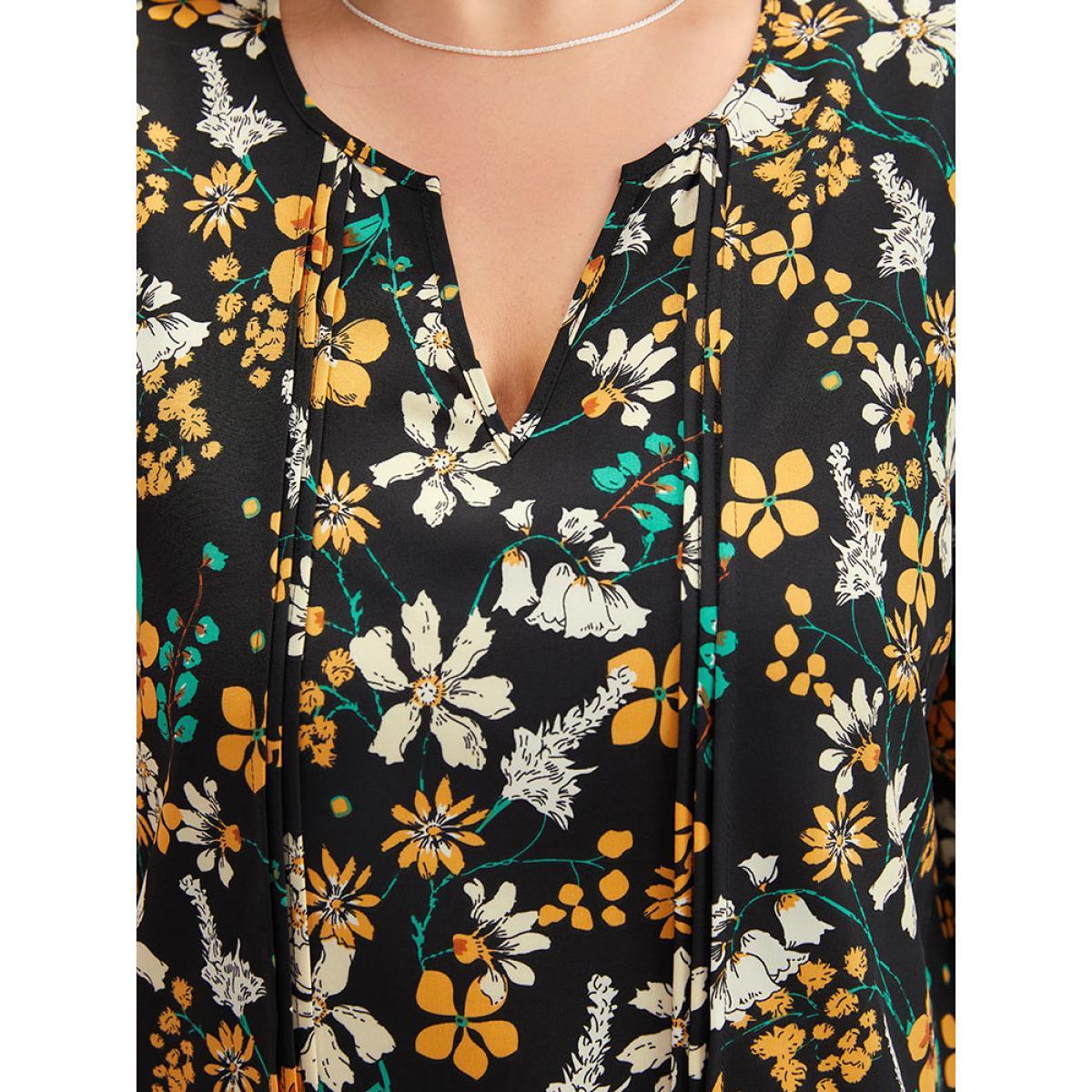 Plus Size Black Floral Print Pleated Notched Lantern Sleeve Blouse Women Elegant Elbow-length sleeve Notched collar Dailywear Blouses BloomChic 10/M Product Image