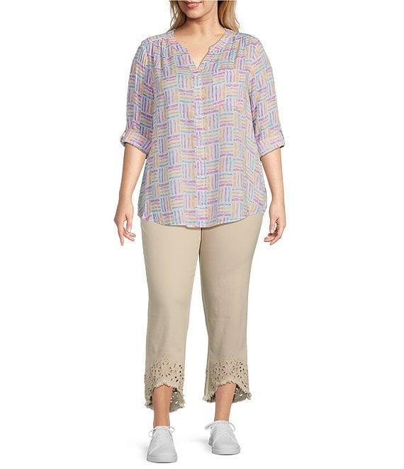 Intro Plus Size Woven Orchid Bouquet Split V-Neck 3/4 Roll-Tab Sleeve Button-Front Shirt Product Image