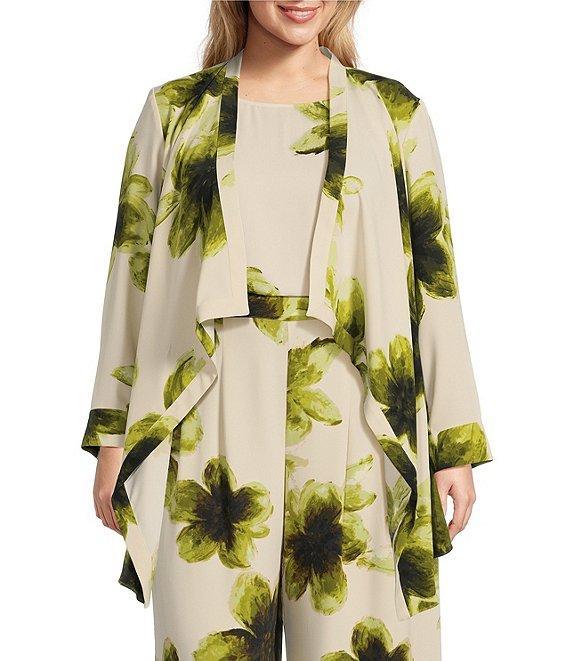 Investments Plus Size Watercolor Blooms Print Open Drape Front Long Sleeve Button Cuff Novelty Jacket Product Image