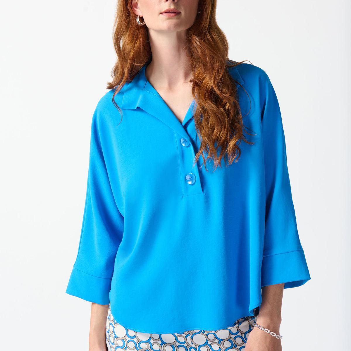 Woven Buttoned Collar Boxy Top - French Blue Product Image