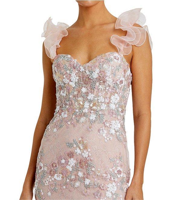 Mac Duggal Sweetheart Neck Ruffle Shoulder Floral Embroidered Column Gown Product Image