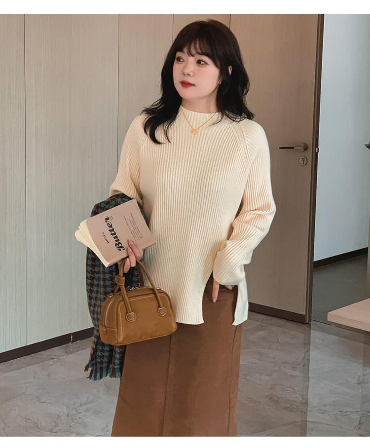 Mock Neck Plain Slit Ribbed Sweater Product Image