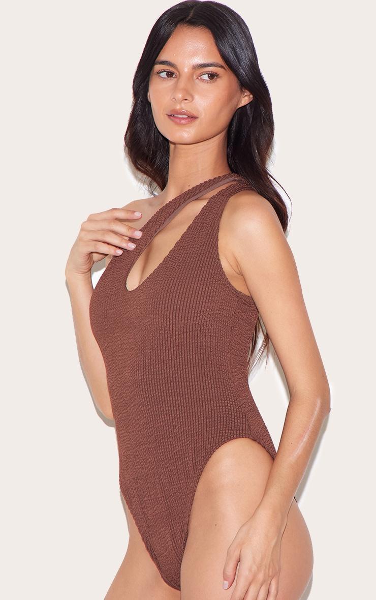 Chocolate Brown Crinkle One Shoulder Cut Out Swimsuit Product Image