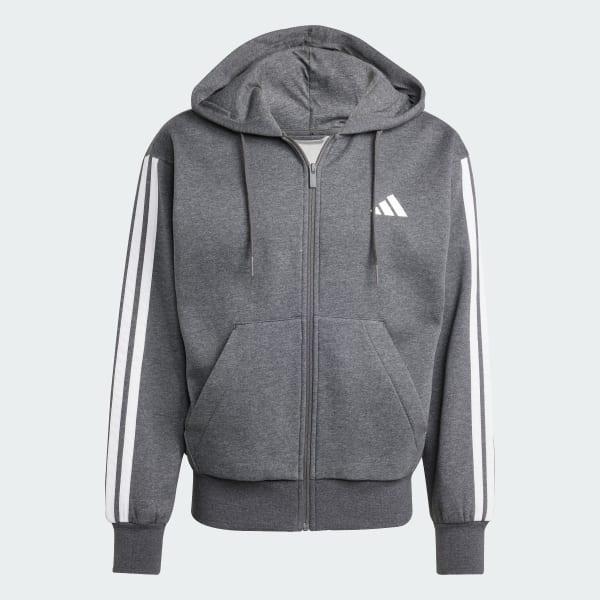 Men's adidas Essentials 3-Stripes Fleece Sportswear Zip Front Hoodie, Size: Small, Pure Ruby Black Product Image