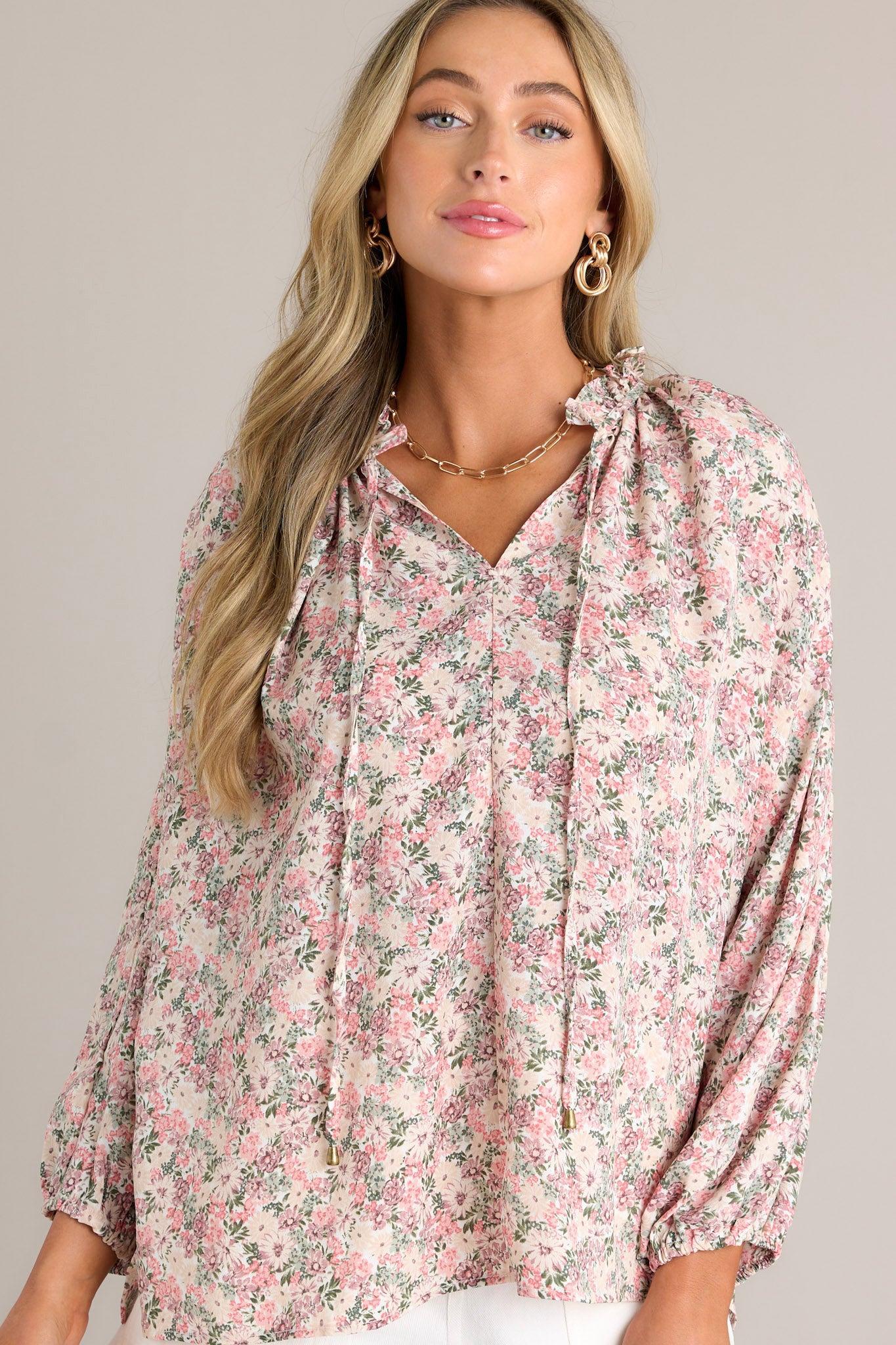 Perfect Harmony Pink Floral Bishop Sleeve Top Product Image