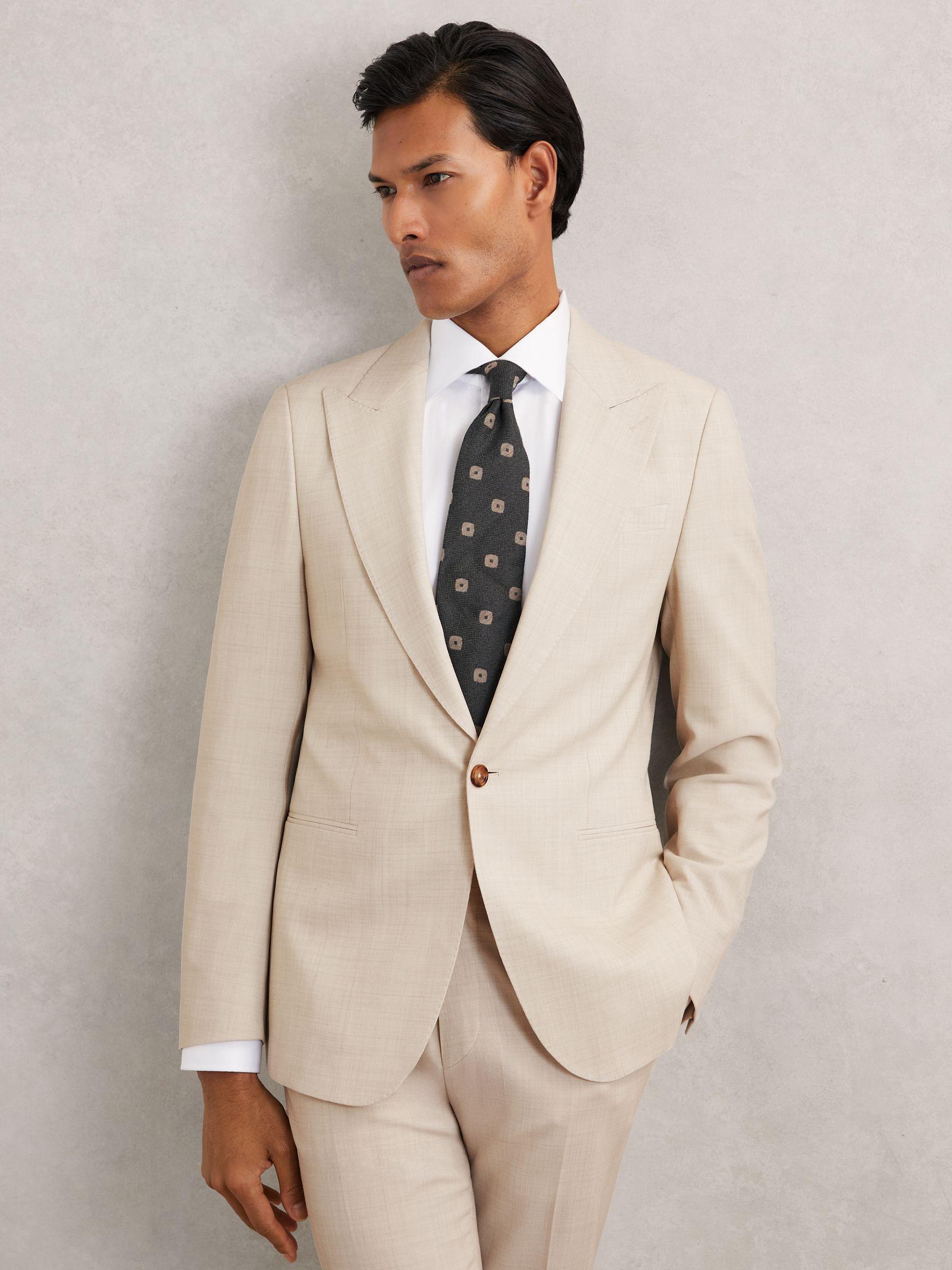 Single-Breasted Textured Suit Blazer Slim-Fit With Wool in Stone Product Image
