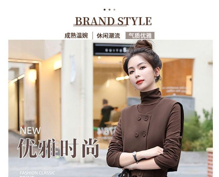 Set: Long-Sleeve Mock Neck Plain Midi A-Line Dress + Double Breasted Crop Vest Product Image