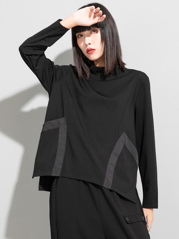 Casual Loose Long Sleeves Split-Joint Solid Color Stand Collar T-Shirts Tops Product Image