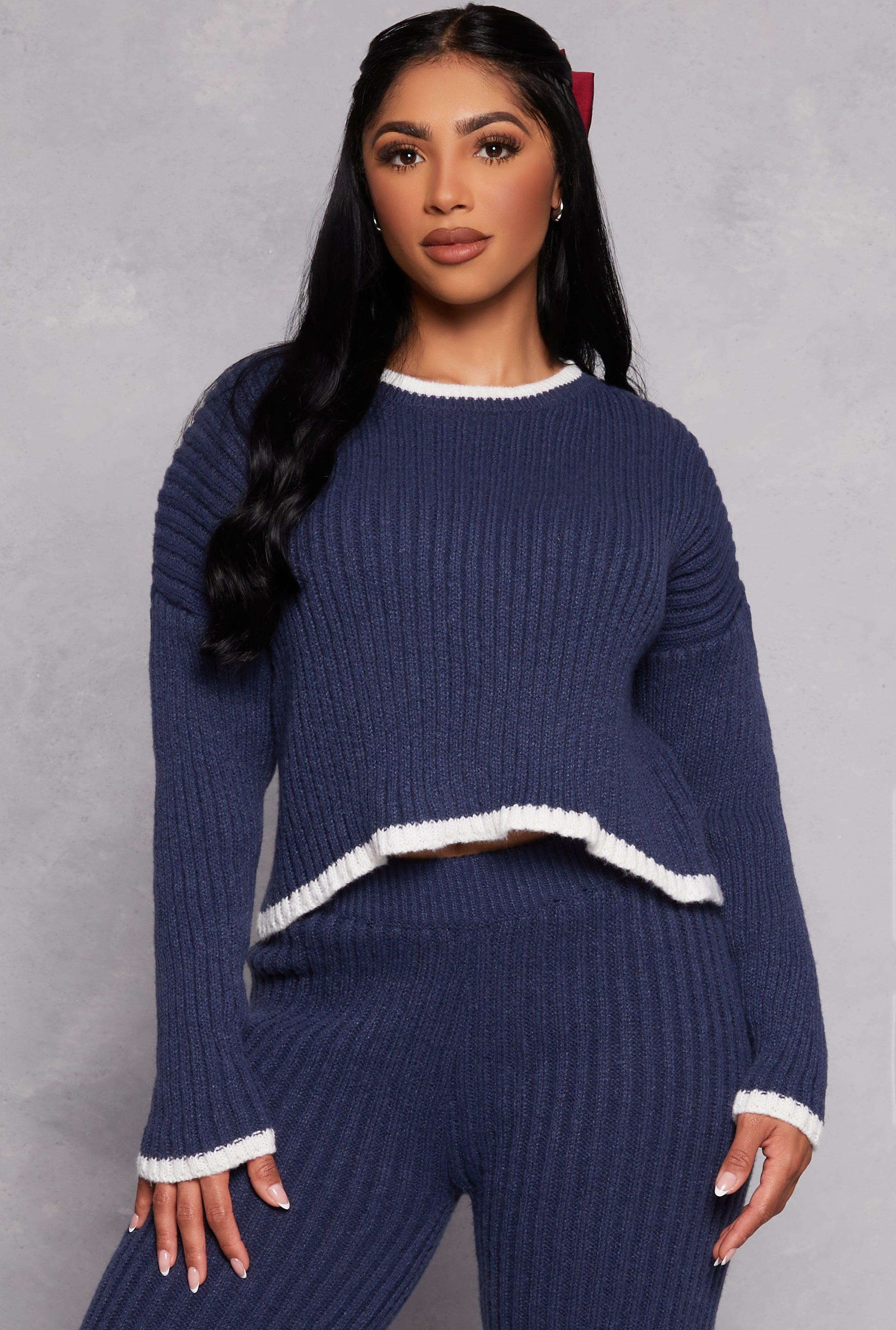 Womens Ribbed Contrast Trim Long Sleeve Sweater Product Image