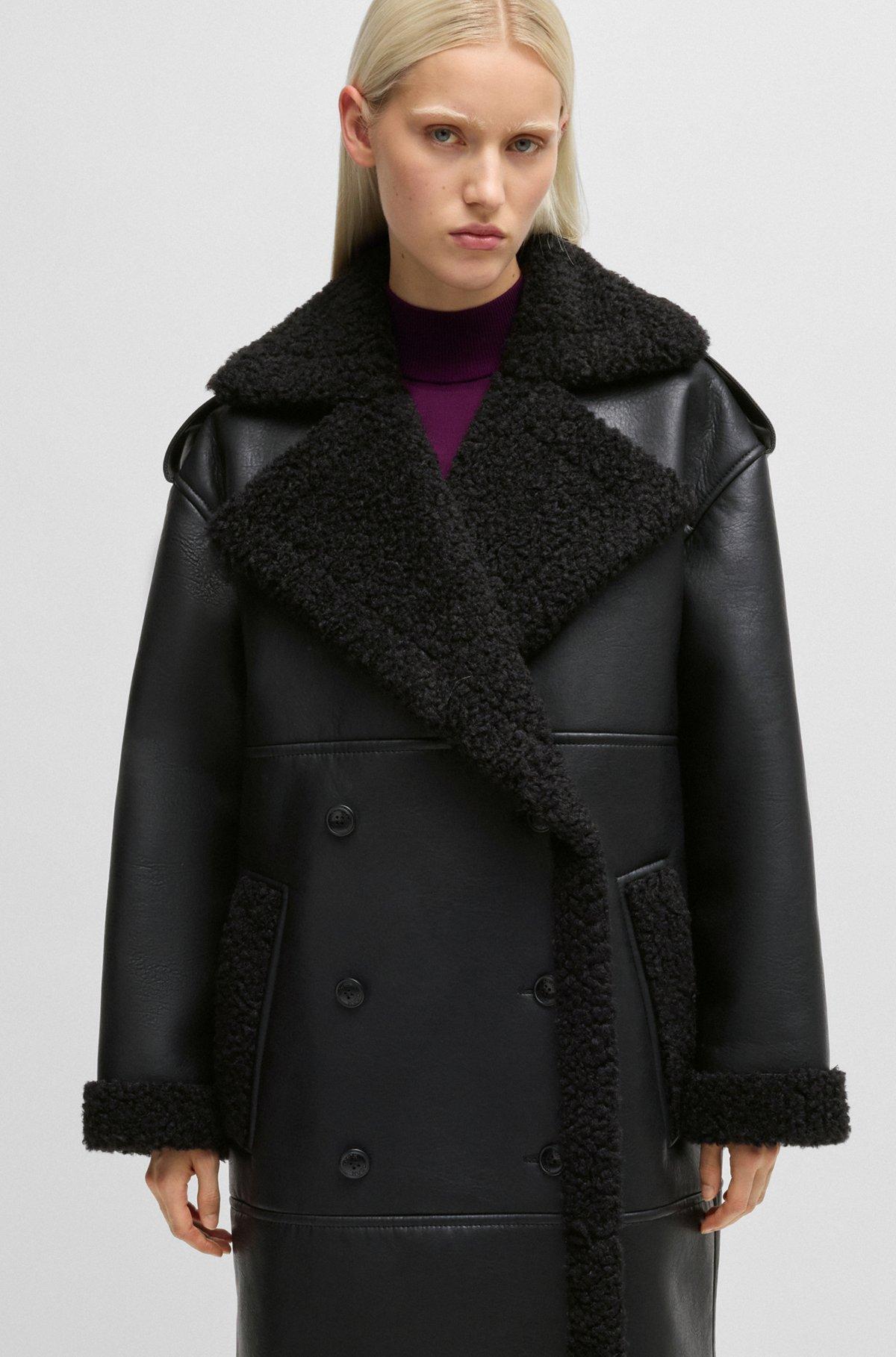 HUGO - Oversize-fit faux-leather coat with faux-fur trims - Black Product Image