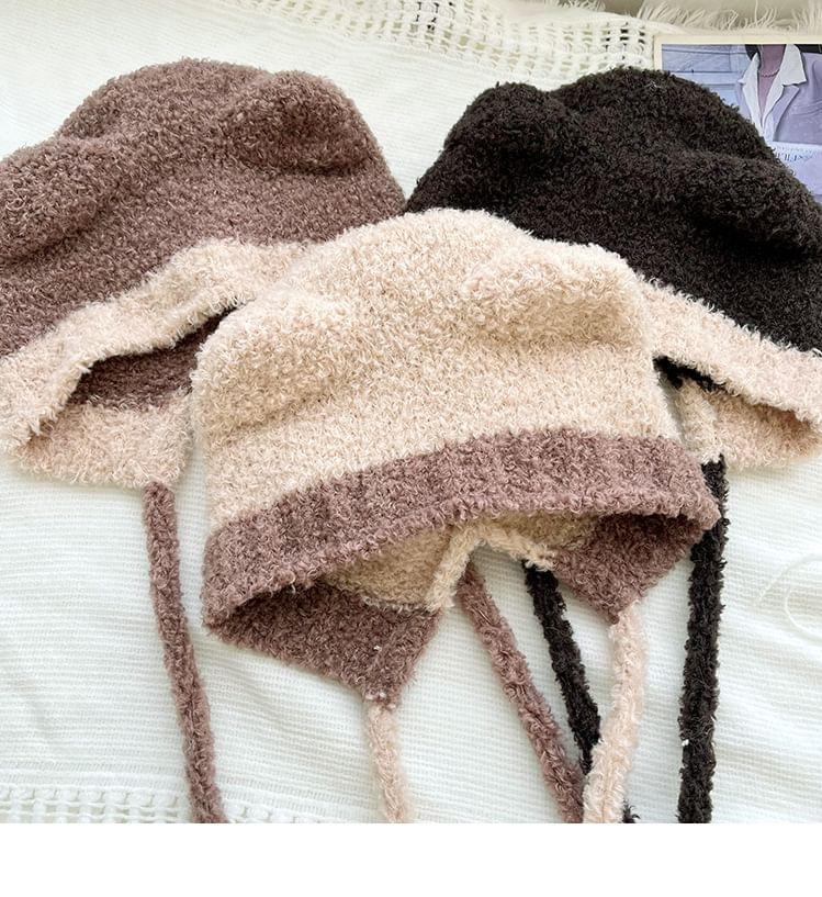 Bear Ear Contrast Trim Pom Pom Knit Bonnet Product Image