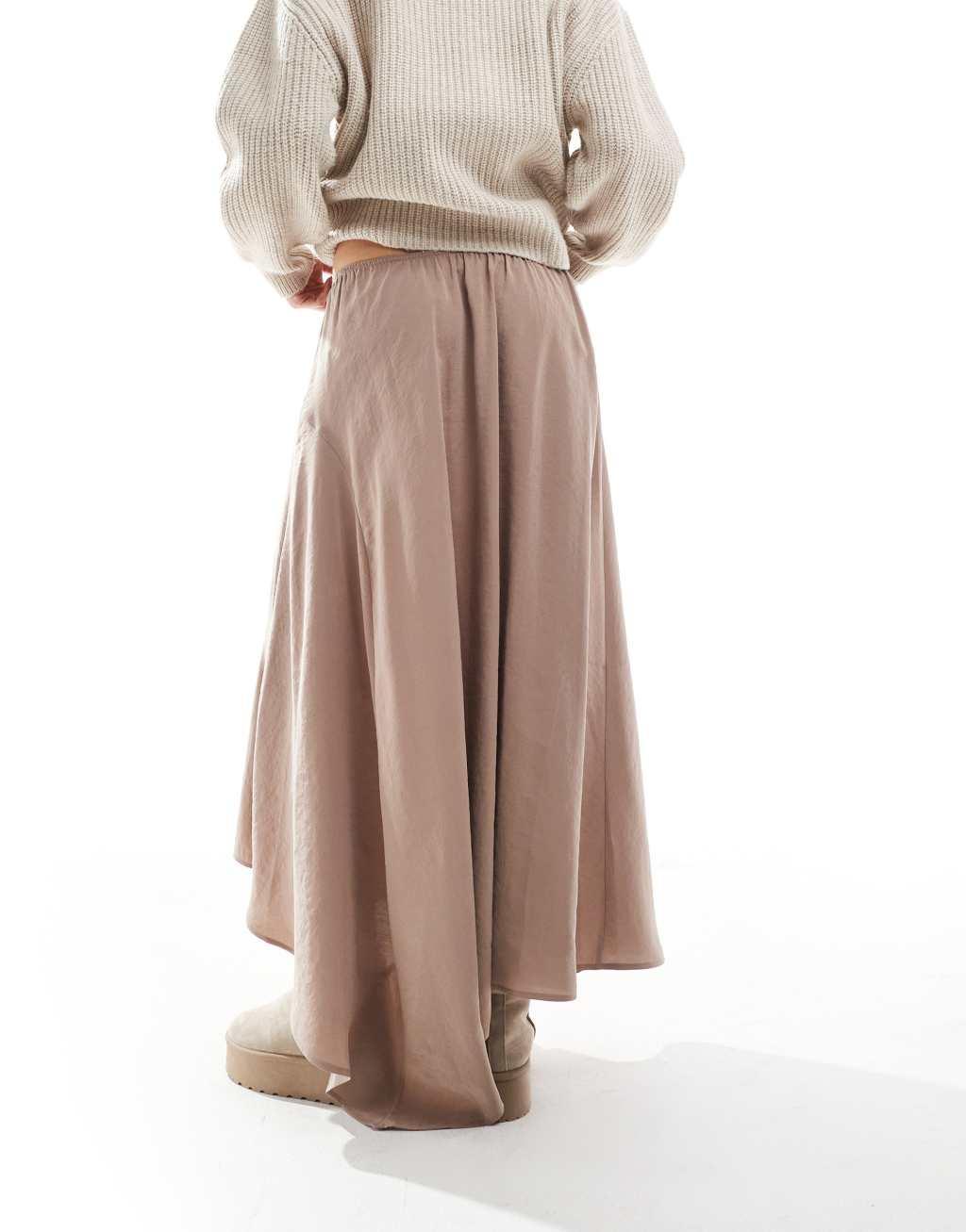 ASOS DESIGN asymmetric midi skirt in cupro in brown Product Image