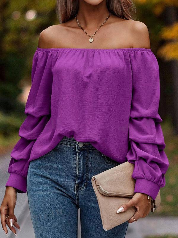 Long Sleeves Loose Elasticity Pleated Solid Color Off-The-Shoulder Blouses&Shirts Tops Product Image