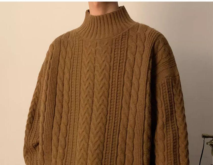 Turtleneck Plain Cable Knit Sweater Product Image