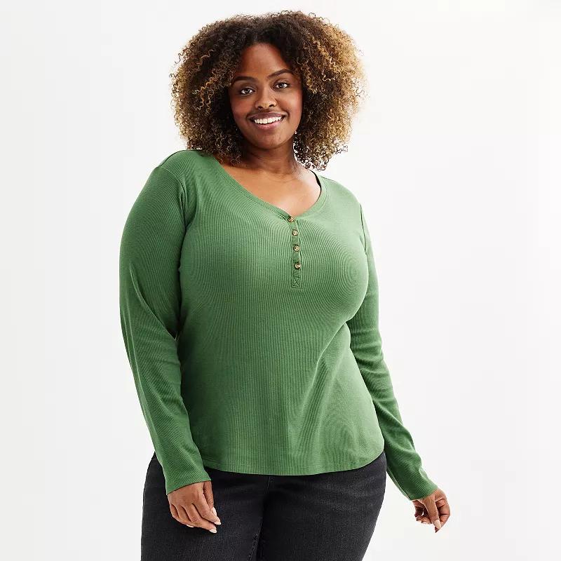 Plus Size Sonoma Goods For Life® Ribbed Long Sleeve Henley, Women's, Size: 0X, Pitch Black Product Image