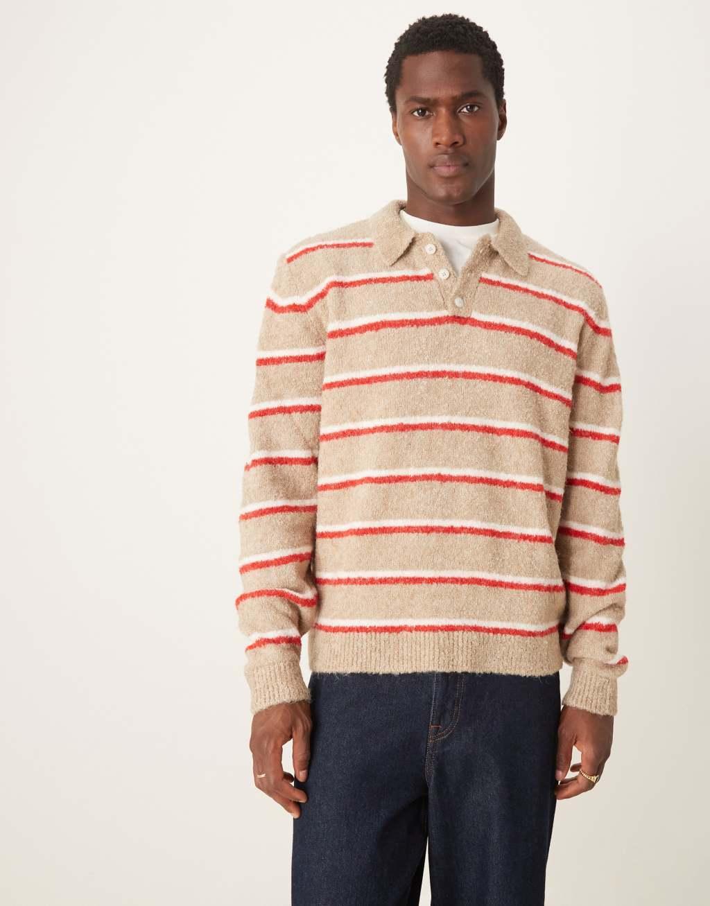 ASOS DESIGN relaxed boxy fit textured polo sweater with stripe in stone Product Image