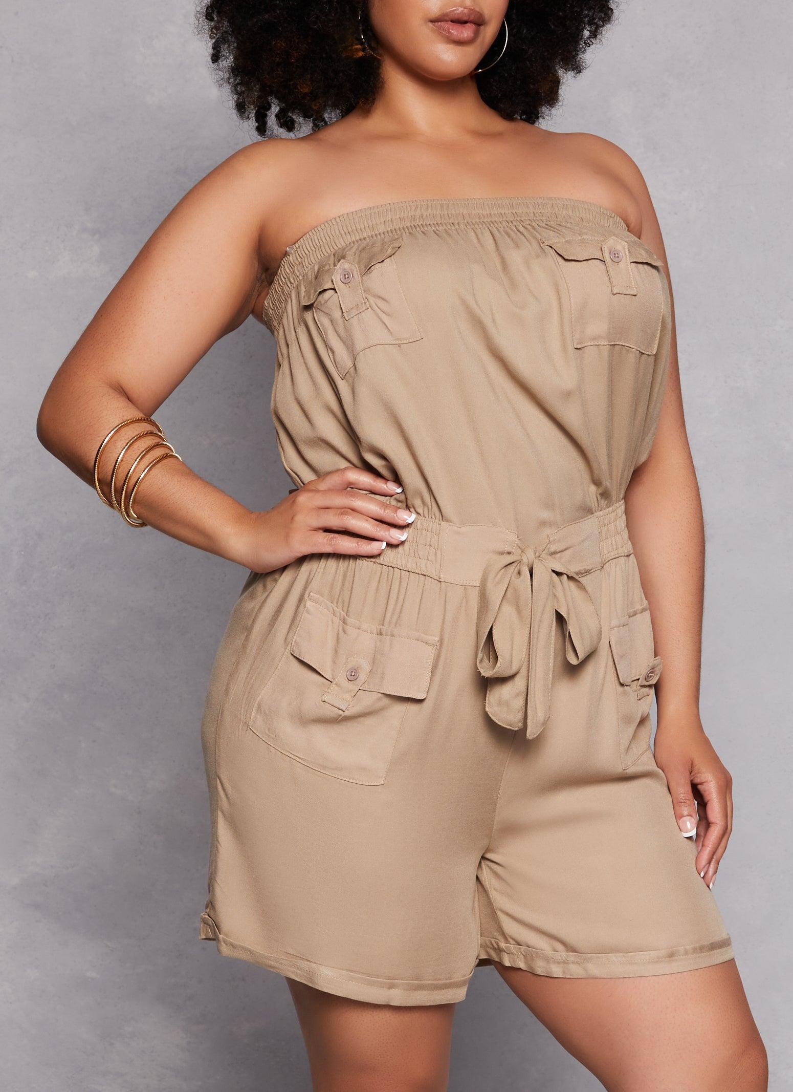 Womens Plus Size Strapless Tie Waist Utility Romper Product Image