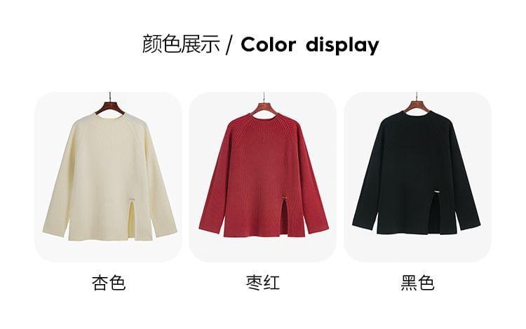 Mock Neck Plain Slit Ribbed Sweater Product Image