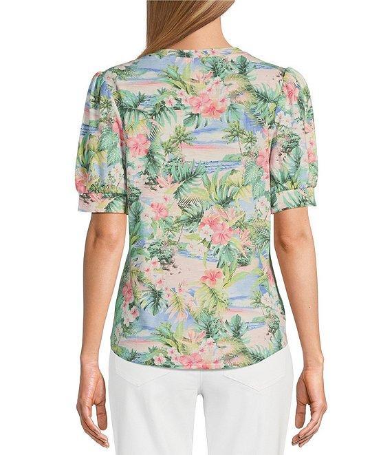 Tommy Bahama Ashby Isles Ocean Vida Tropical Printed Slub Rib V-Neck Short Puff Sleeve Top Product Image