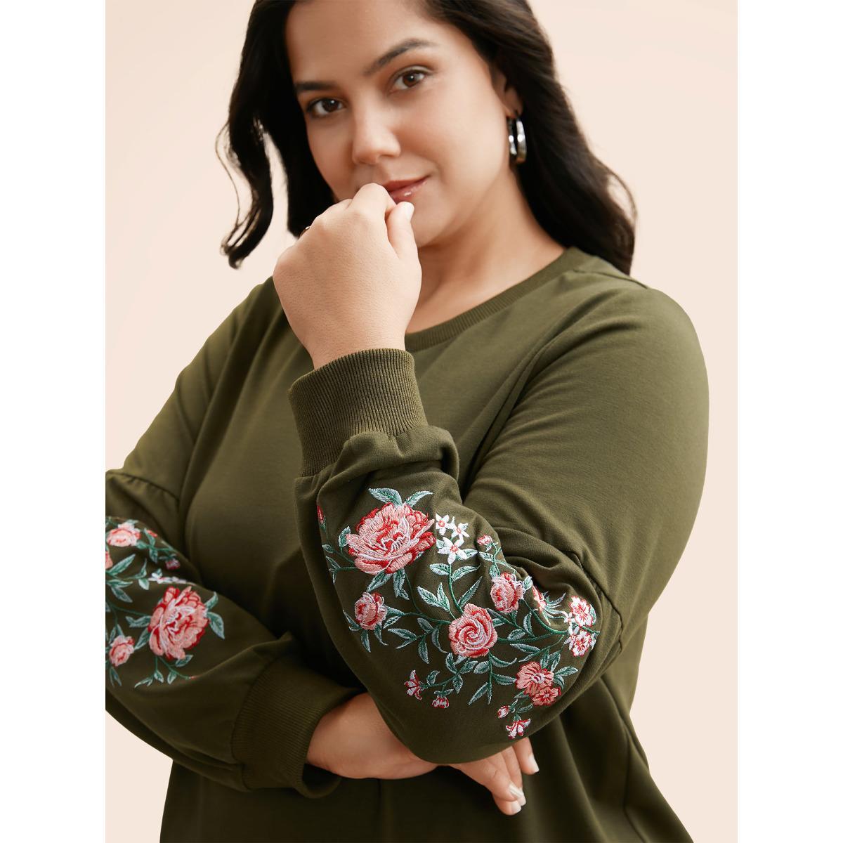 Plus Size Floral Embroidered Crew Neck Gathered Sweatshirt Women ArmyGreen Casual Embroidered Round Neck Everyday Sweatshirts BloomChic 26/4X Product Image