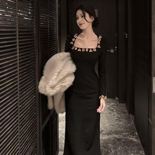 Long-Sleeve Square Neck Rhinestone Slit Midi Sheath Dress Product Image