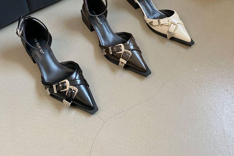 Buckle-Strap Chunky-Heel Pointy Sandals Product Image