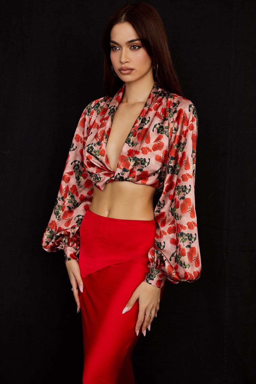 Monica Rose Print Satin Plunge Top Product Image