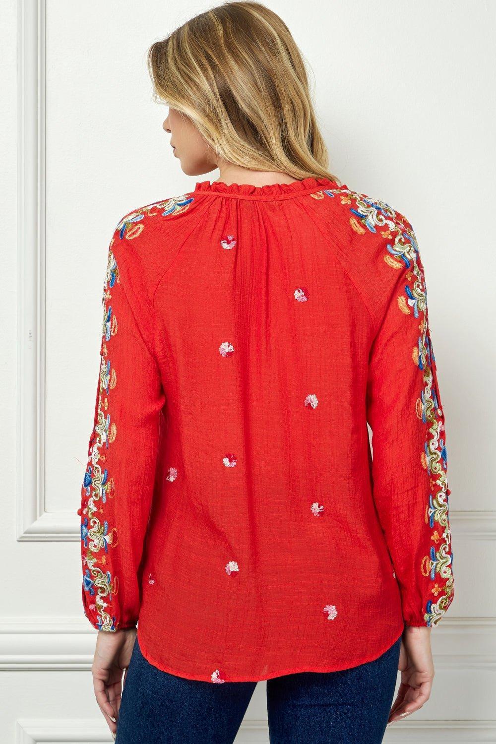 Embroidered Long Sleeve V-Neck Blouse Product Image