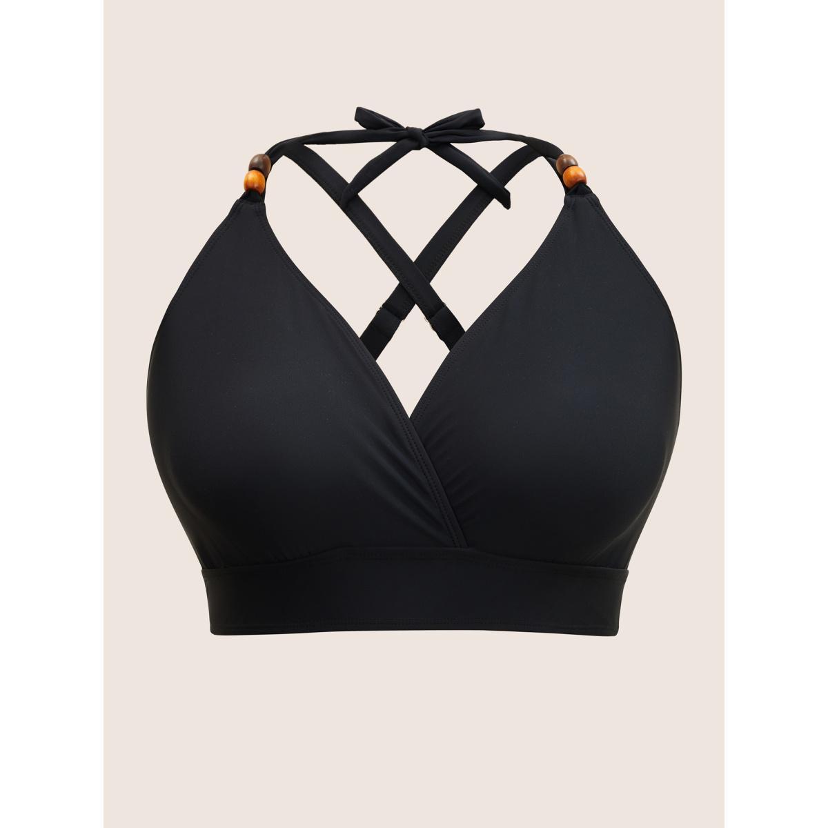 Plus Size Plain V Neck High Stretch Tie Knot Swim Top Women's Swimwear Black Resort Tie knot High stretch Skinny Overlap Collar Curve Swim Tops BloomChic 30/6X Product Image
