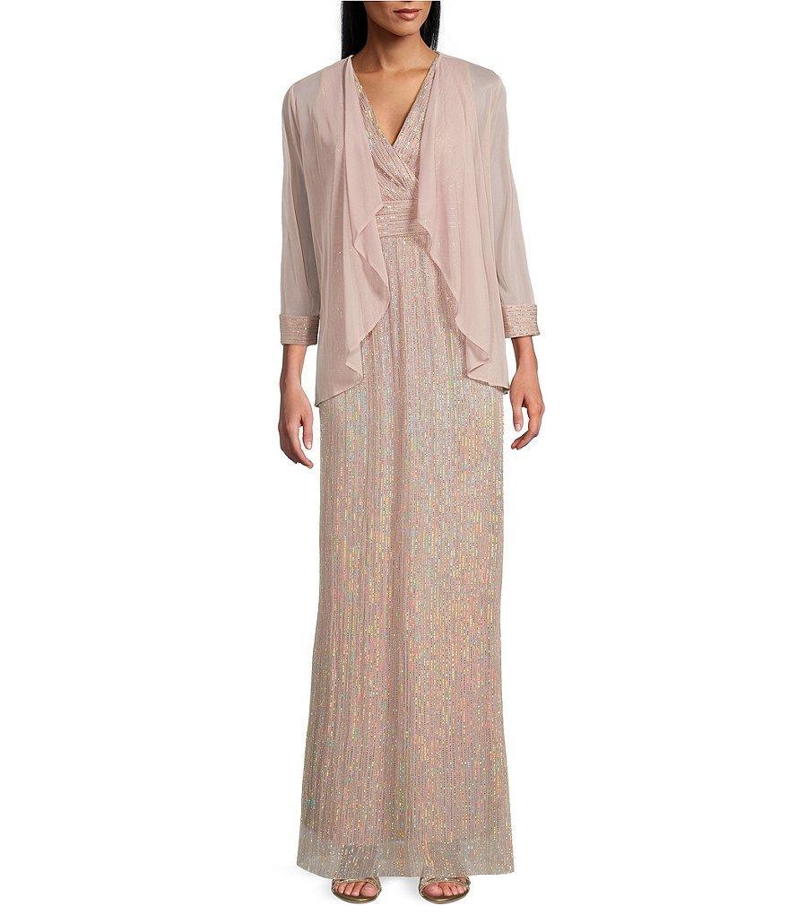 R & M Richards 3/4 Sleeve Surplice V-Neck Matte Jersey Chiffon 2-Piece Jacket Dress Product Image