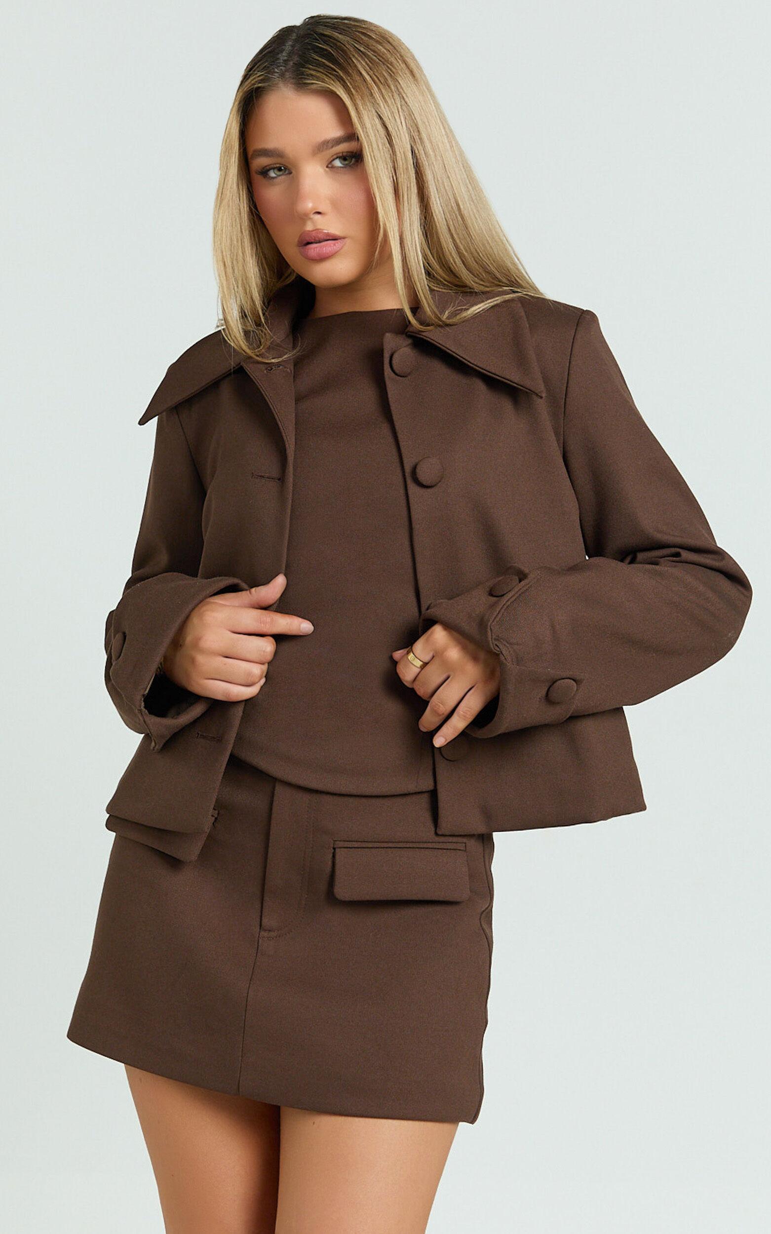 Yvette Jacket - Button Down Collared Jacket in Chocolate Product Image